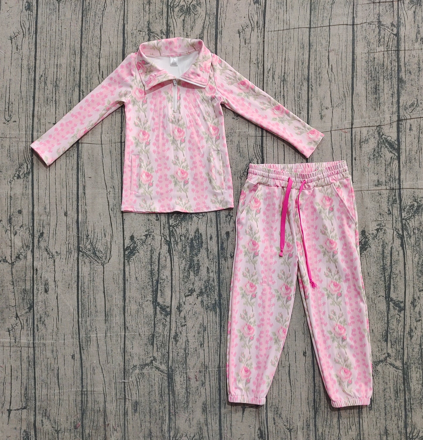 Baby Girls Kids Long Sleeves Pink Flower Zipper Pockets Tops Pants Yoga Clothes Set RTS