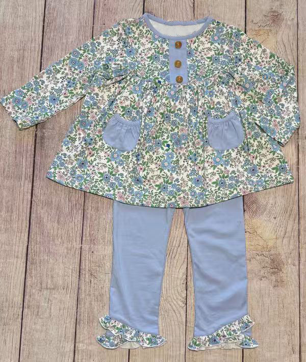 ( Moq 5 ) Preorder Girls Kids Long Sleeves Flower Pockets Tunic Blue Pants Clothes Set