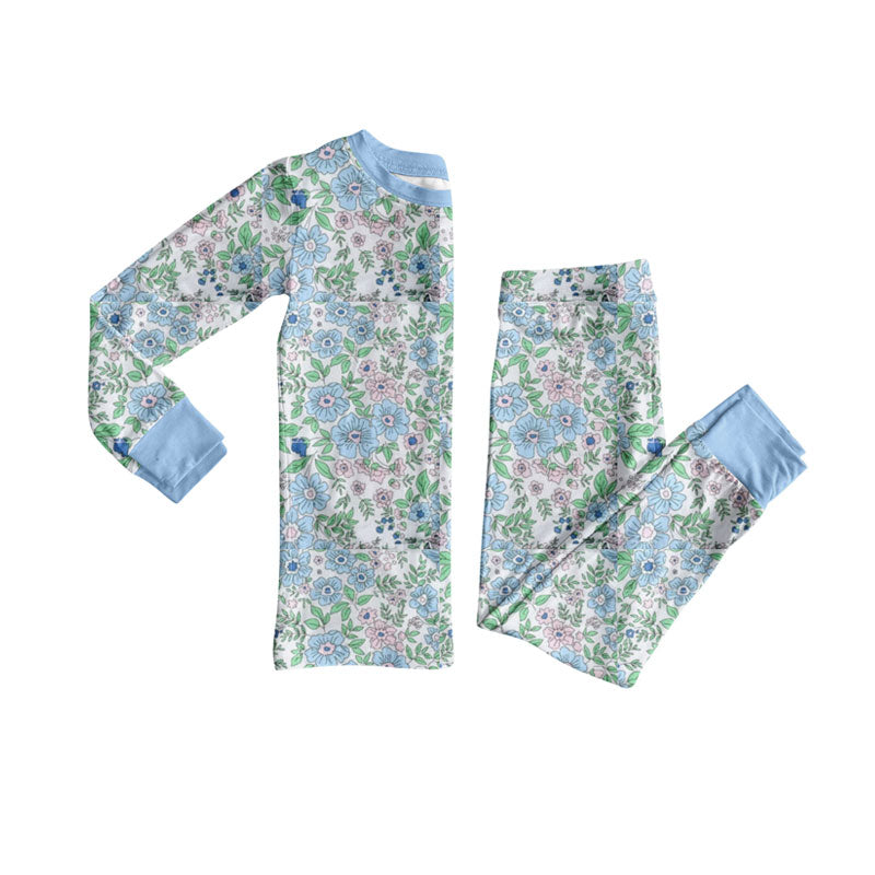 ( Moq 5 ) Preorder Girls Kids Long Sleeves Blue Pink Flower Shirt Pants Pajamas Clothes Set