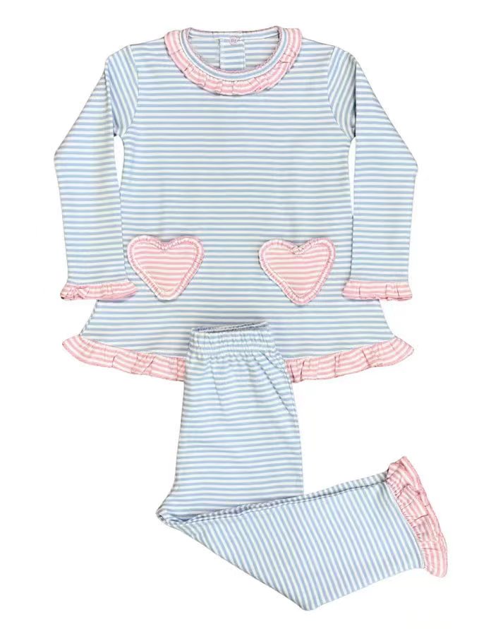 ( Moq 5 ) Preorder Girls Kids Long Sleeves Hearts Shirt Stripes Pants Valentine's Day Set
