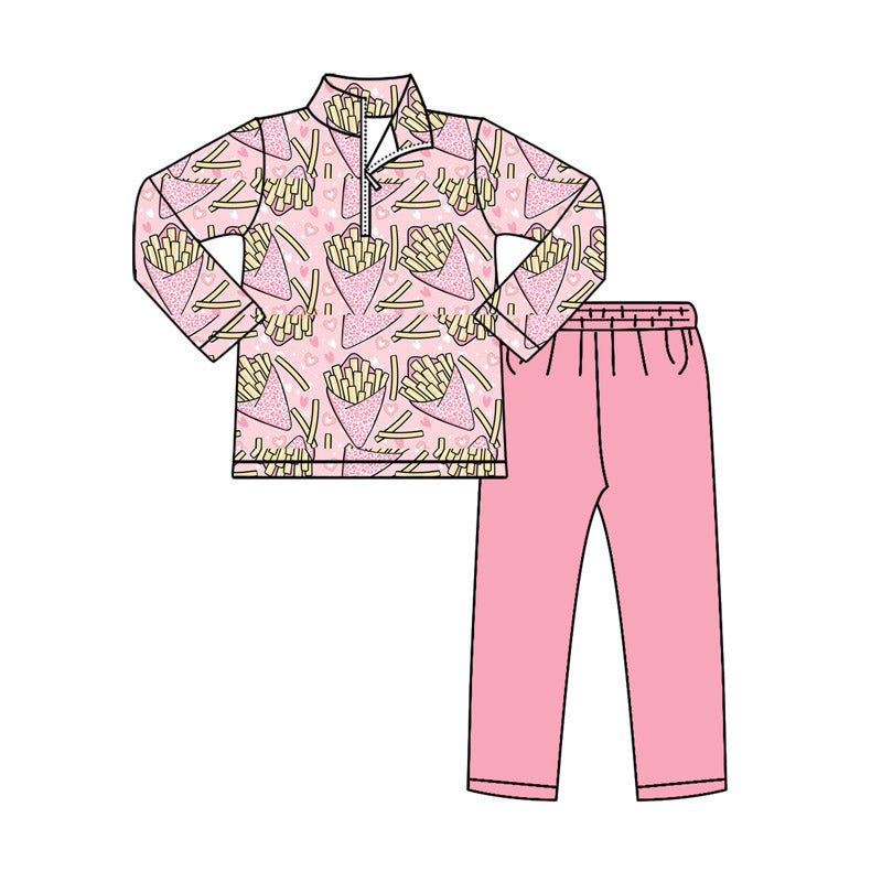 ( Moq 5 ) Preorder Girls Kids Chip Hearts Zipper Shirt Pink Pants Valentine Clothes Set