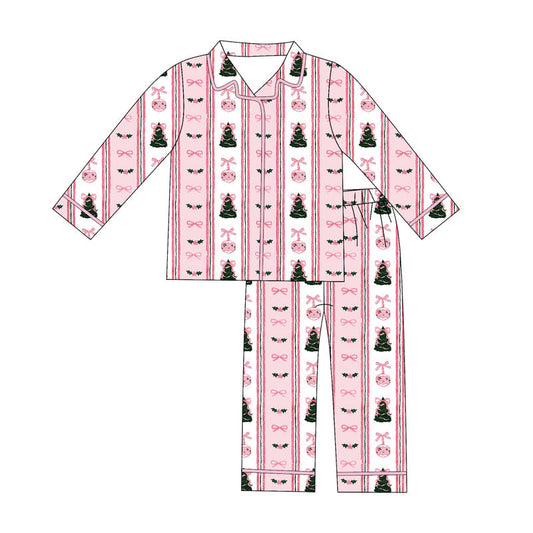 ( Moq 5 ) Preorder Adult Women Bows Trees Buttons Shirt Pants Christmas Pink Pajamas Set