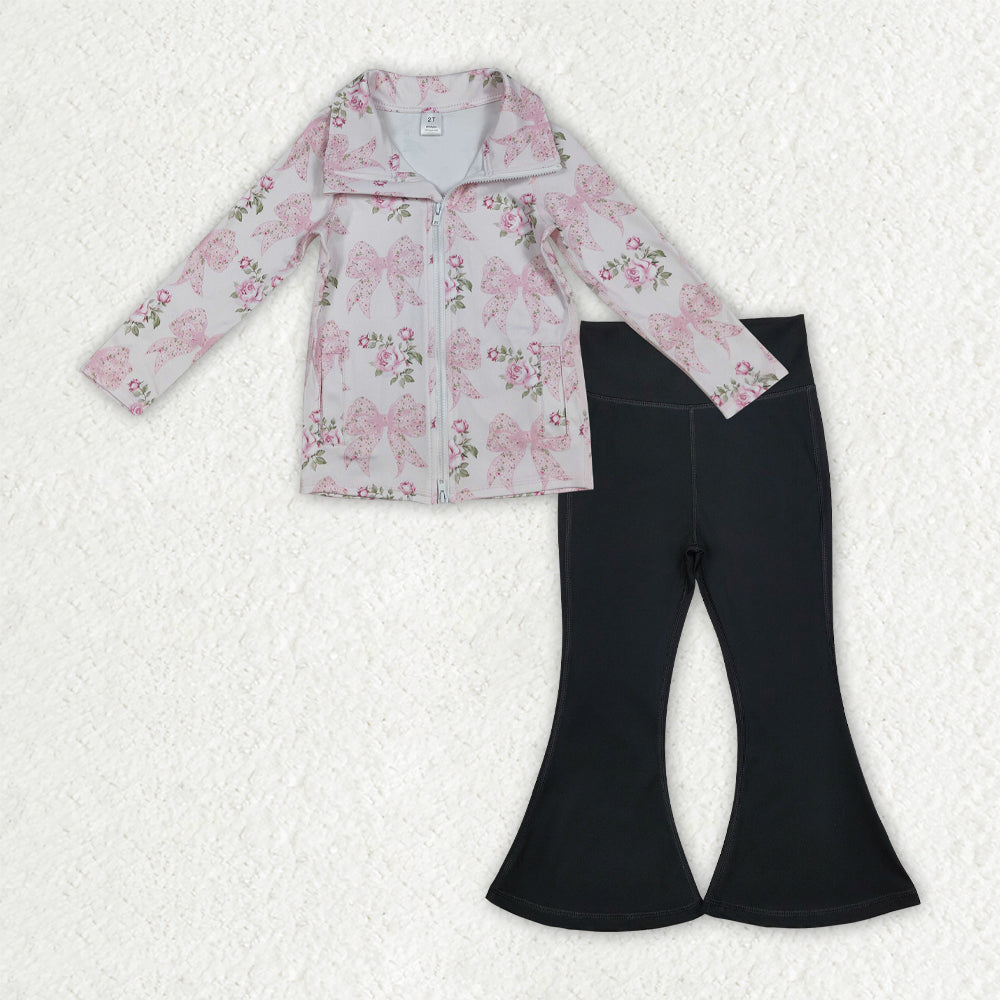 Baby Girls Long Sleeves Flower Bows Zipper Pockets Tops Black Pants Yoga Active Clothes Set RTS