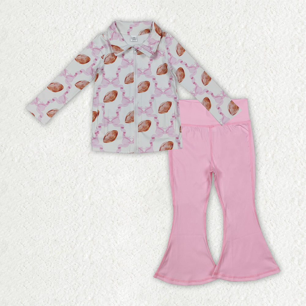Baby Girls Long Sleeves Football Bows Zipper Pockets Tops Pink Pants Yoga Active Clothes Set RTS