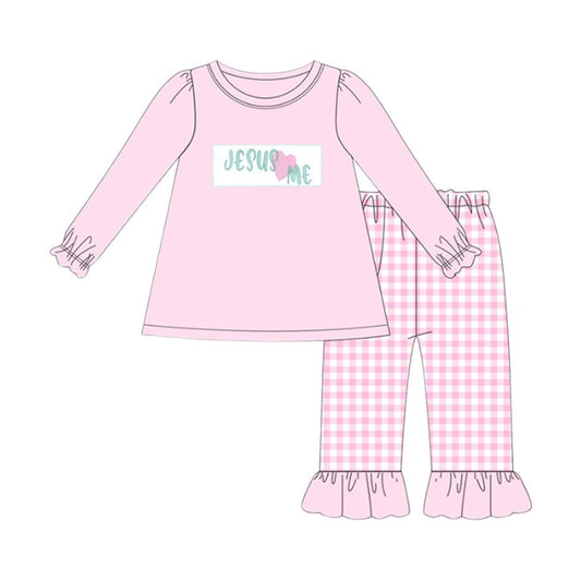 ( Moq 5 ) Preorder Girls Kids Jesus Love Me Tops Plaid Pants Pink Clothes Set