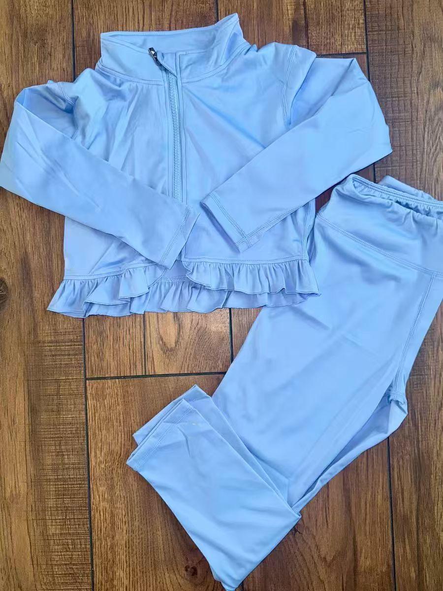 ( Moq 5 ) Preorder Girls Kids Blue Long Sleeves Zipper Ruffle Cardigan Pants Yoga Active Clothes Set