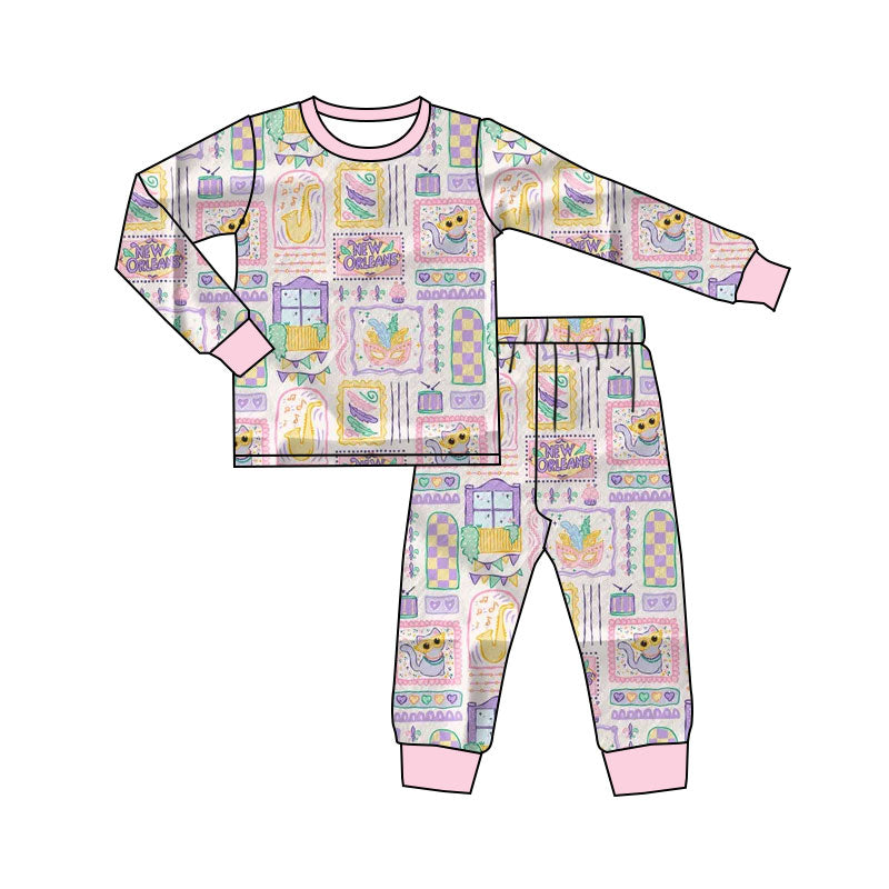 ( Moq 5 ) Preorder Girls Kids Long Sleeves Masks Shirt Pants Mardi Gras Pajamas Outfit