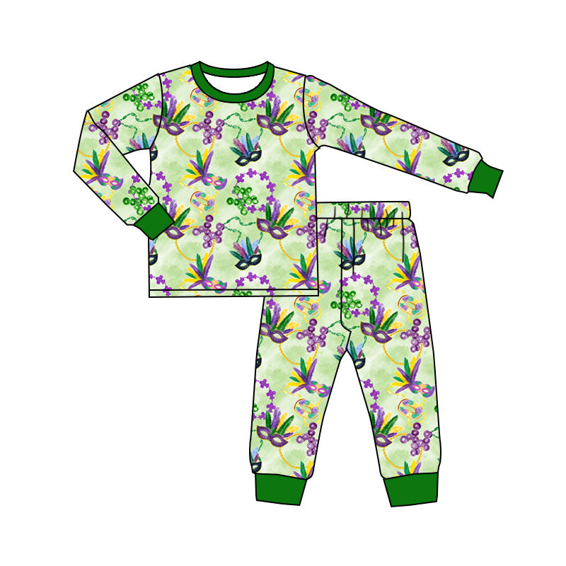 ( Moq 5 ) Preorder Girls Kids Long Sleeves Masks Shirt Pants Mardi Gras Set Pajamas