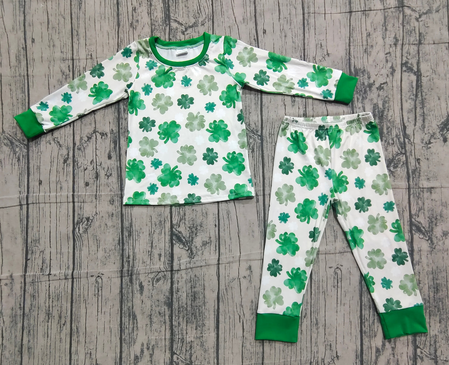 Baby Kids Long Sleeves Clovers Shirt Pants St Patrick Green Pajamas Set RTS