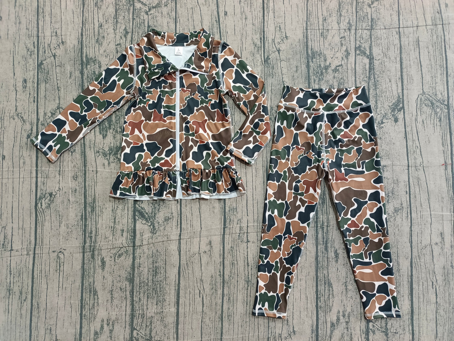 Baby Girls Kids Brown Camo Zipper Ruffle Cardigan Leggings Pants Yoga Active Outfit RTS