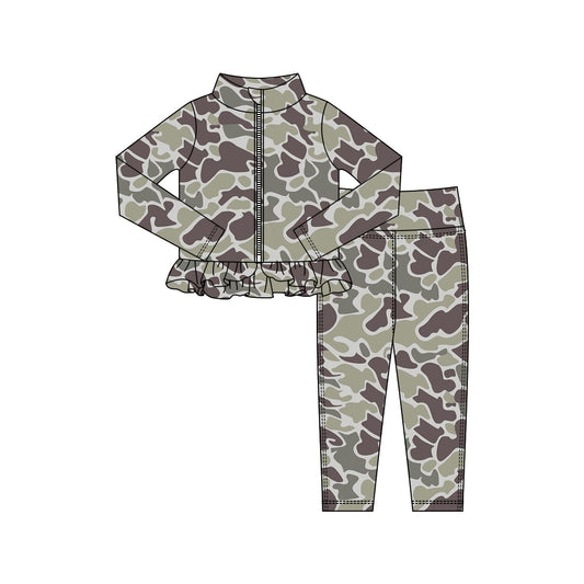 ( Moq 5 ) Preorder Baby Girls Camo Zipper Ruffle Cardigan Tops Pants Yoga Active Outfit