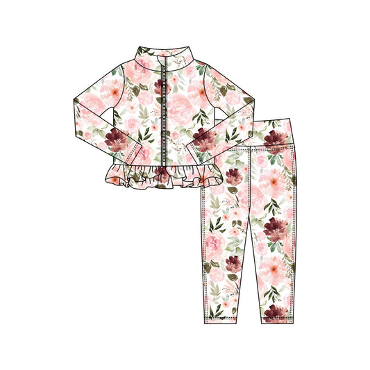 ( Moq 5 ) Preorder Baby Girls Flower Zipper Ruffle Cardigan Leggings Pants Yoga Active Outfit