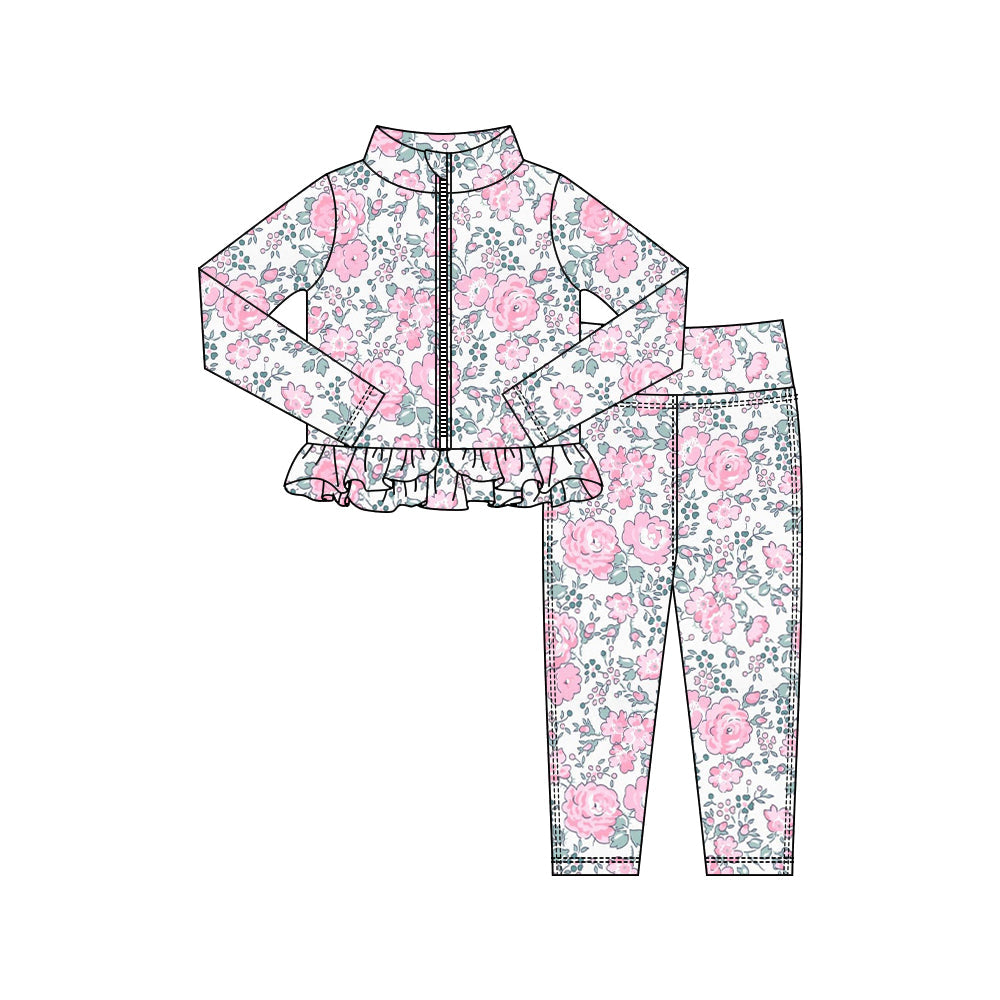 ( Moq 5 ) Preorder Baby Girls Pink Flower Zipper Ruffle Cardigan Tops Leggings Pants Yoga Active Outfit