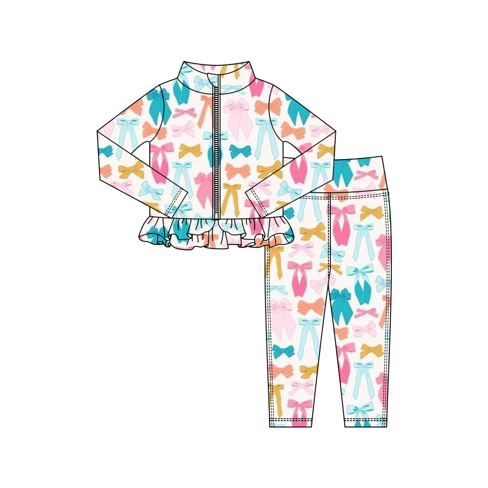 ( Moq 5 ) Preorder Baby Girls Colorful Bows Zipper Ruffle Cardigan Tops Leggings Pants Yoga Active Outfit