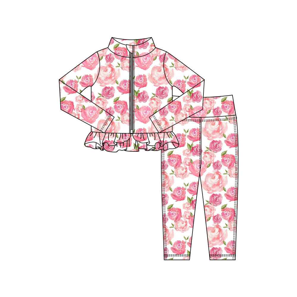 ( Moq 5 ) Preorder Baby Girls Zipper Ruffle Cardigan Tops Flower Pants Yoga Active Outfit