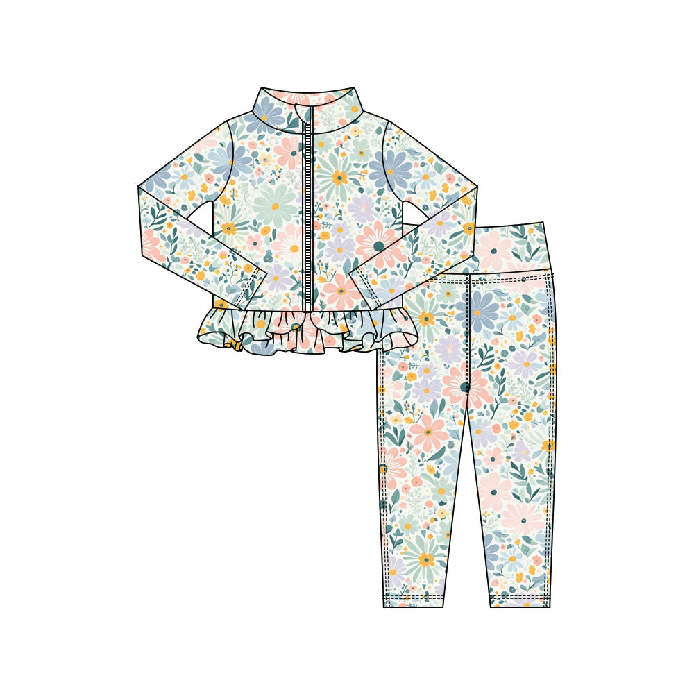 ( Moq 5 ) Preorder Baby Girls Flower Zipper Green Cardigan Tops Leggings Pants Yoga Active Outfit