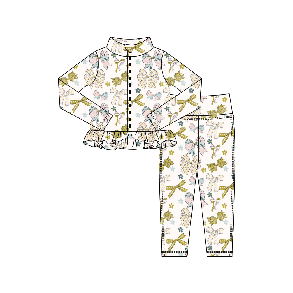 ( Moq 5 ) Preorder Baby Girls Bows Zipper Ruffle Cardigan Tops Leggings Pants Yoga Active Outfit