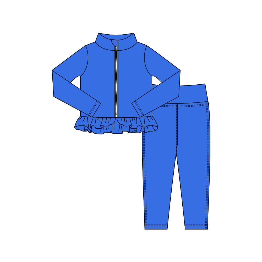 ( Moq 5 ) Preorder Baby Girls Blue Long Sleeves Zipper Shirt Legging Pants Yoga Active Set