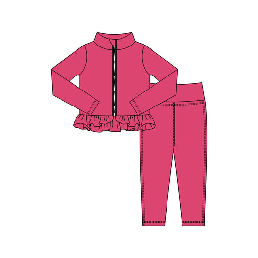 ( Moq 5 ) Preorder Baby Girls Hot Pink Long Sleeves Zipper Shirt Legging Pants Yoga Active Set