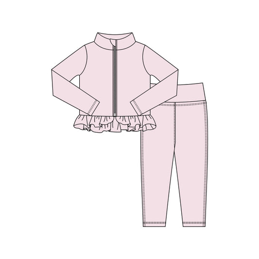 ( Moq 5 ) Preorder Baby Girls Light Pink Long Sleeves Zipper Shirt Legging Pants Yoga Active Set