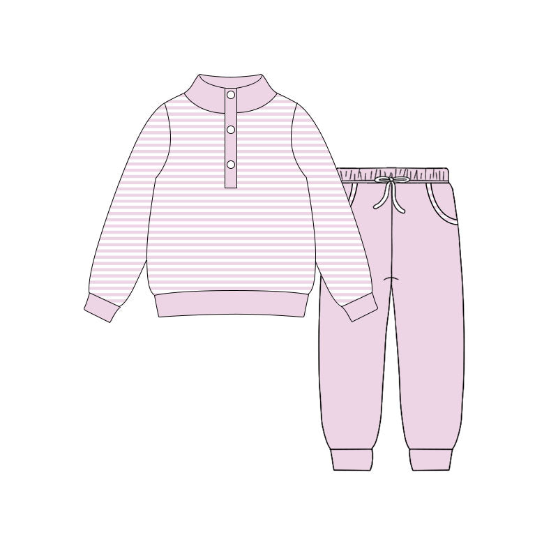 ( Moq 5 ) Preorder Baby Girls Long Sleeves Stripes Buttons Shirt Pockets Pink Pants Clothes Set