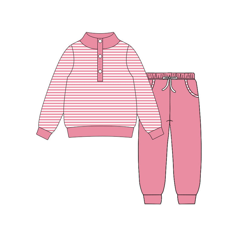 ( Moq 5 ) Preorder Baby Girls Long Sleeves Pink Stripes Buttons Shirt Pockets Pants Clothes Set