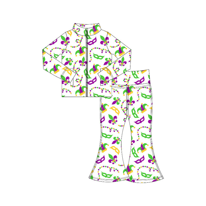 ( Moq 5 ) Preorder Baby Girls Masks Zipper Pockets Tops Bell Pants Yoga Active Mardi Gras Set