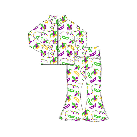 ( Moq 5 ) Preorder Baby Girls Masks Zipper Pockets Tops Bell Pants Yoga Active Mardi Gras Set