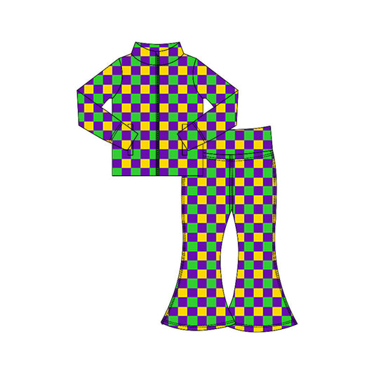 ( Moq 5 ) Preorder Baby Girls Checked Zipper Pockets Tops Bell Pants Yoga Active Mardi Gras Set