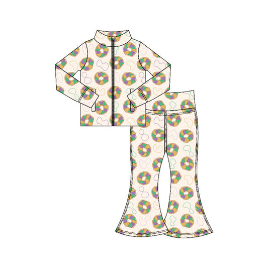 ( Moq 5 ) Preorder Baby Girls Donuts Zipper Pockets Tops Bell Pants Yoga Active Mardi Gras Set