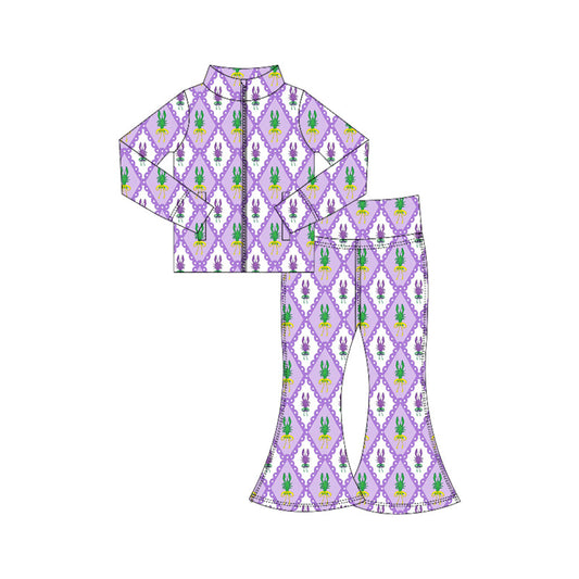 ( Moq 5 ) Preorder Baby Girls Crawfish Zipper Pockets Tops Bell Pants Yoga Active Mardi Gras Set