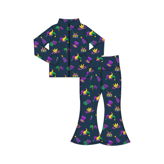 ( Moq 5 ) Preorder Baby Girls Zipper Pockets Masks Tops Bell Pants Yoga Active Mardi Gras Set