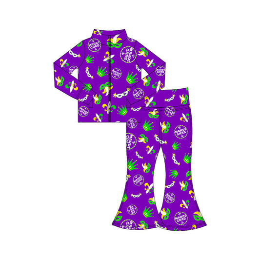 ( Moq 5 ) Preorder Baby Girls Anchors Masks Zipper Tops Purple Pants Yoga Active Mardi Gras Set