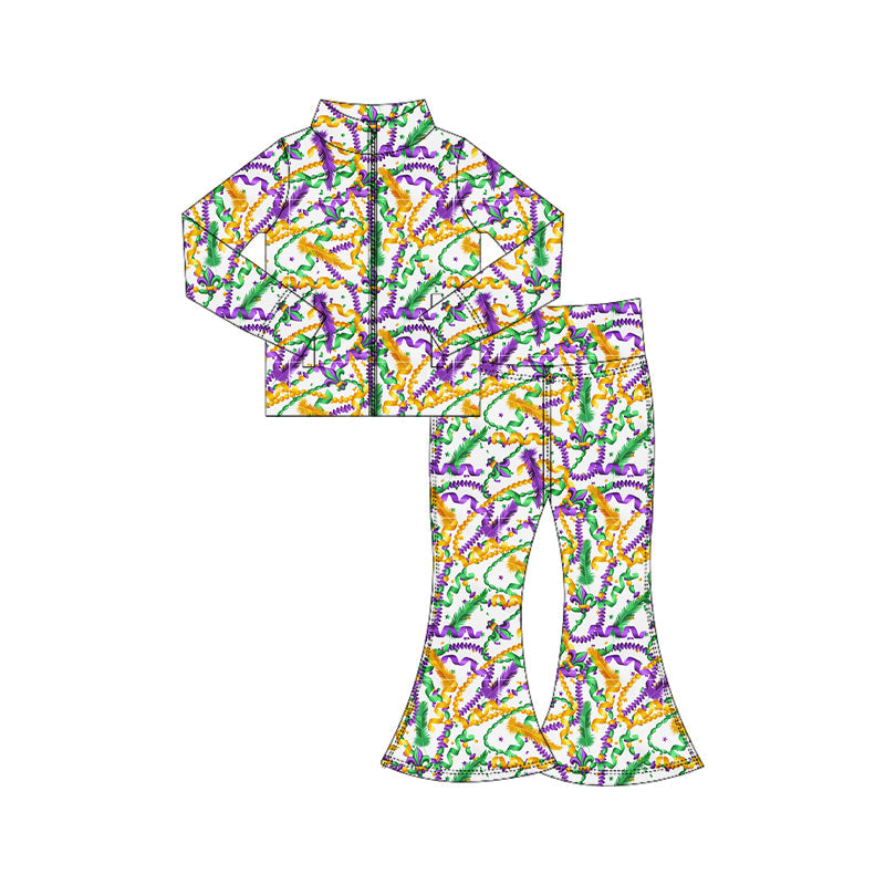 ( Moq 5 ) Preorder Baby Girls Long Sleeves Zipper Pockets Tops Bell Pants Yoga Active Mardi Gras Set