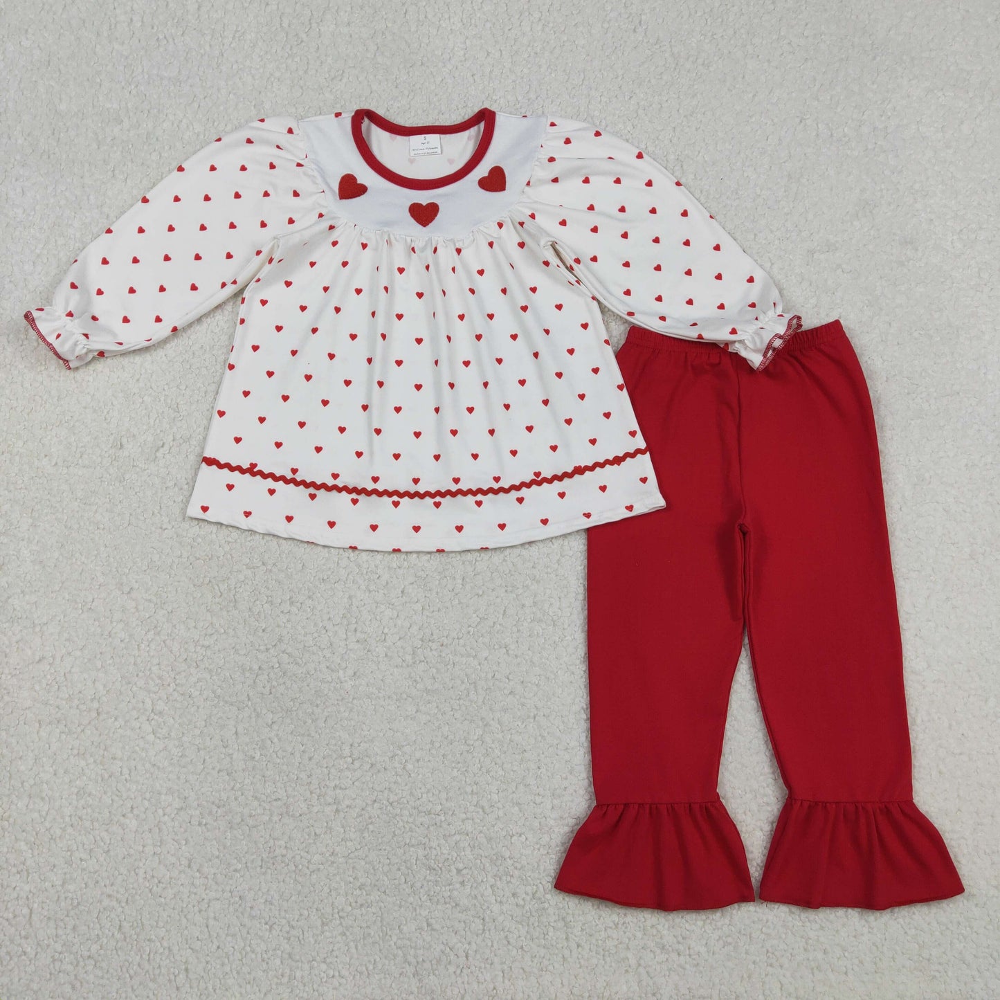 Sibling Baby Girls Long Sleeves Embroidery Bows Hearts Tunic Ruffle Red Pants Valentines Clothes Sets RTS