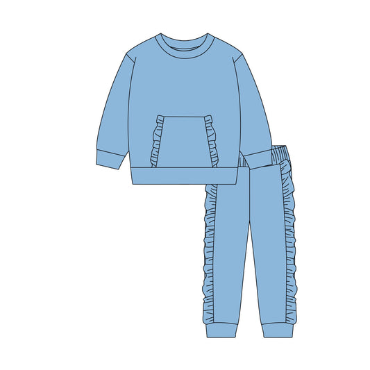 ( Moq 5 ) Preorder Baby Girls Long Sleeves Pocket Shirt Ruffle Pants Blue Clothes Set