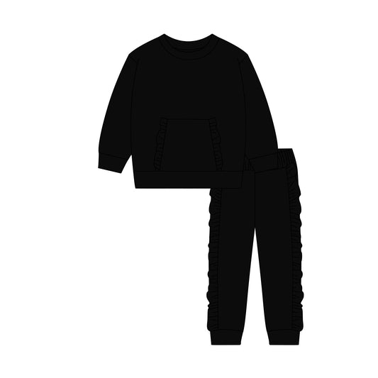 ( Moq 5 ) Preorder Baby Girls Long Sleeves Black Pocket Shirt Ruffle Pants Clothes Set