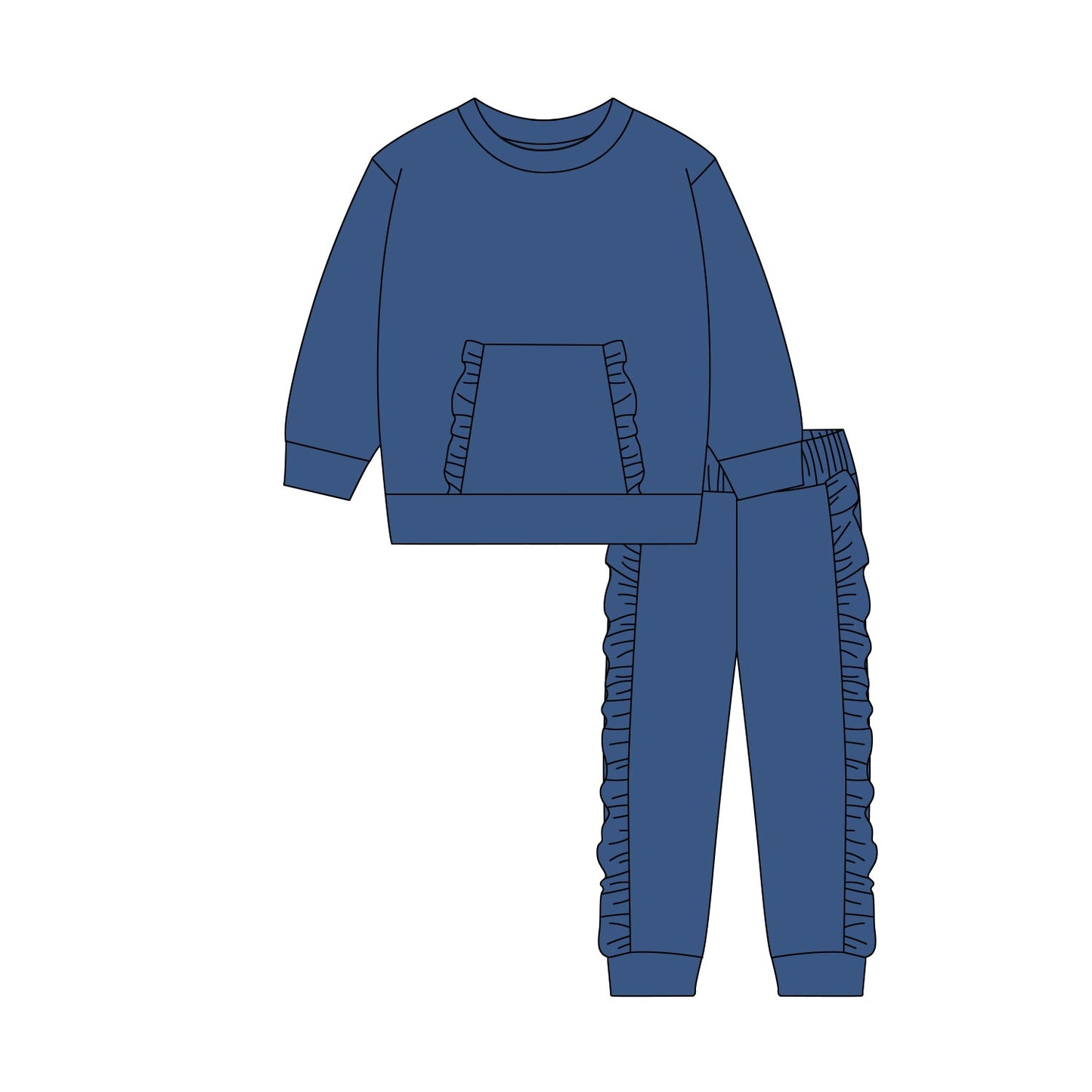 ( Moq 5 ) Preorder Baby Girls Long Sleeves Pocket Shirt Ruffle Pants Navy Clothes Set