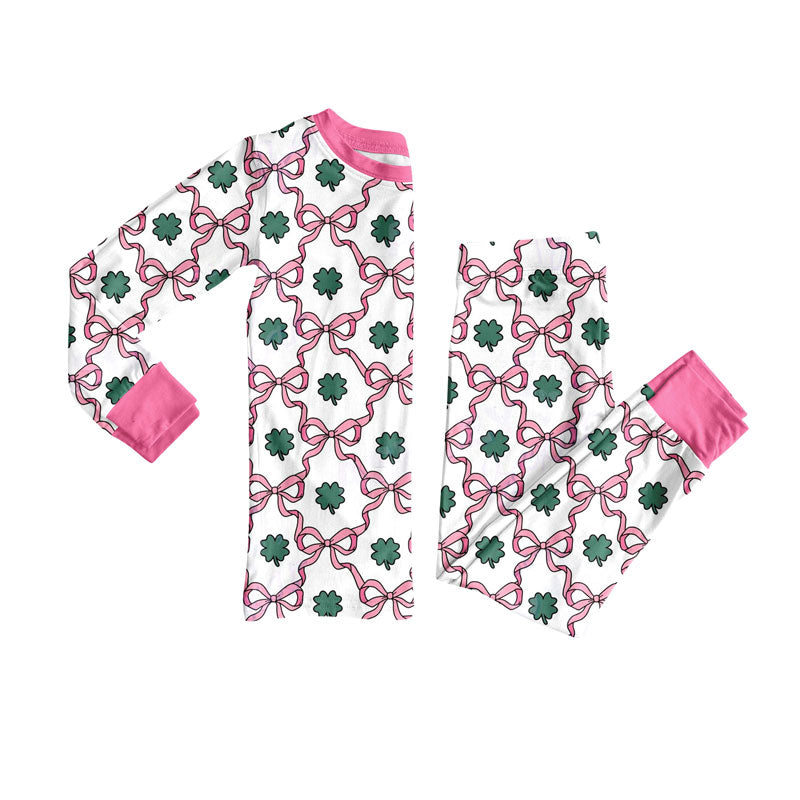 ( Moq 5 ) Preorder Baby Girls Bows Clovers Shirt Pants St Patrick Pajamas Set