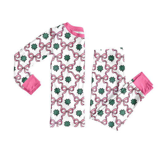 ( Moq 5 ) Preorder Baby Girls Bows Clovers Shirt Pants St Patrick Pajamas Set