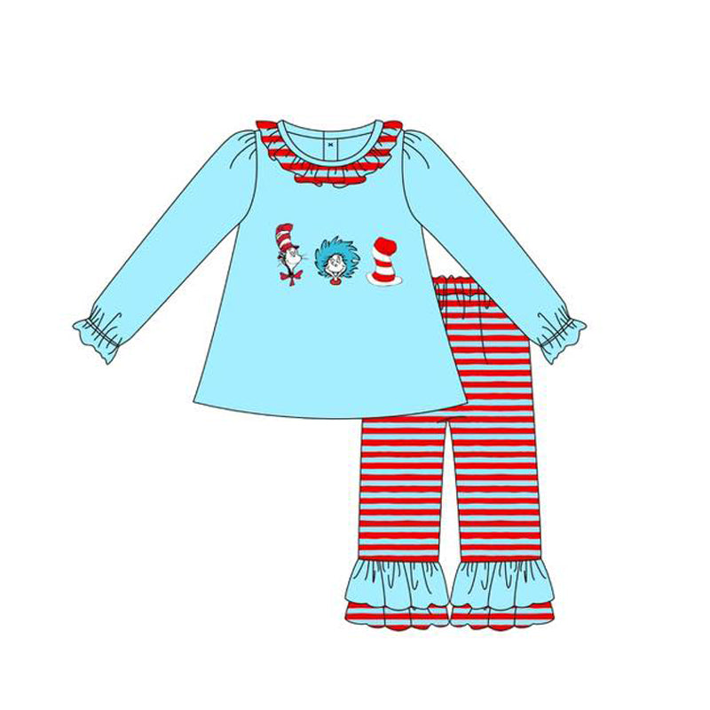 ( Moq 5 ) Preorder Baby Girls Reading Blue Tunic Stripes Ruffle Pants Clothes Set
