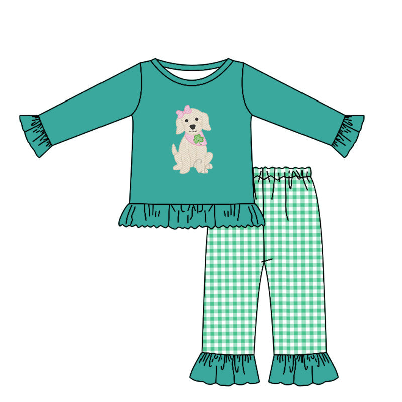 ( Moq 5 ) Preorder Baby Girls Dogs Clovers Green Shirt Plaid Pants St Patrick Clothes Set
