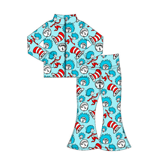 ( Moq 5 ) Preorder Baby Girls Reading Zipper Cardigan Tops Bell Pants Yoga Blue Clothes Set