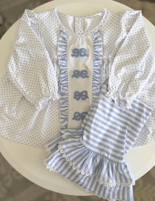 ( Moq 5 ) Preorder Baby Girls Long Sleeves Bows Dots Tunic Blue Stripes Ruffle Pants Clothes Set