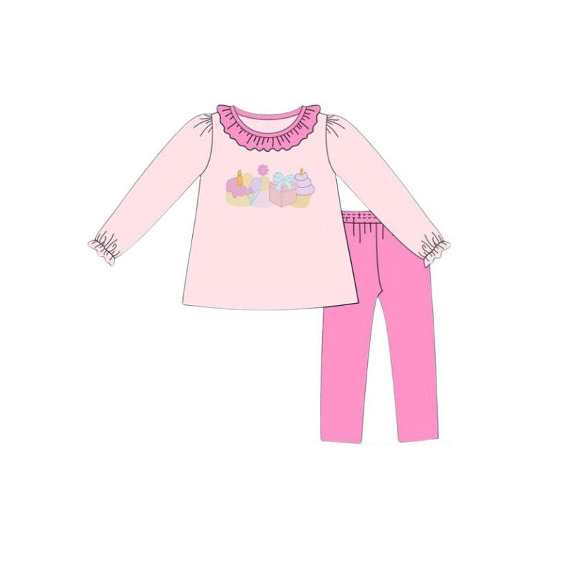 ( Moq 5 ) Preorder Baby Girls Long Sleeves Happy Birthday Ruffle Shirt Pink Pants Clothes Set