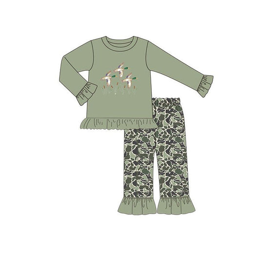 ( Moq 5 ) Preorder Baby Girls Ducks Ruffle Shirt Green Camo Pants Hunting Clothes Set