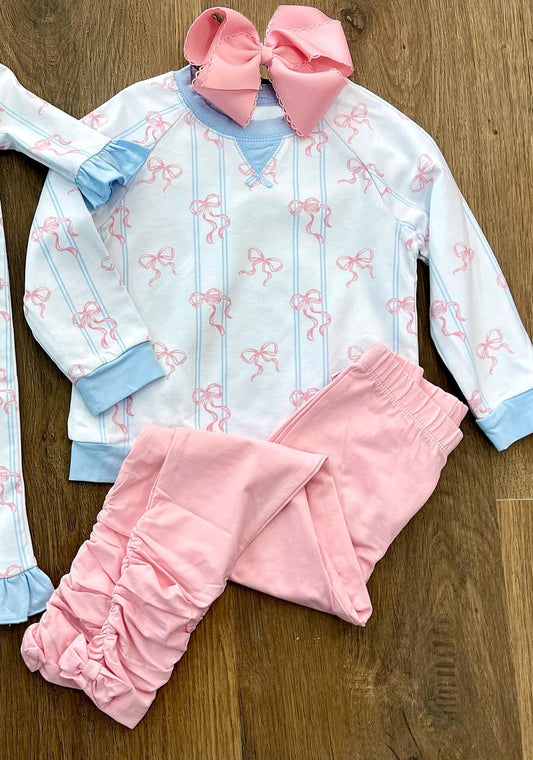 ( Moq 5 ) Preorder Baby Girls Long Sleeves Bows Stripes Shirt Pink Pants Clothes Set