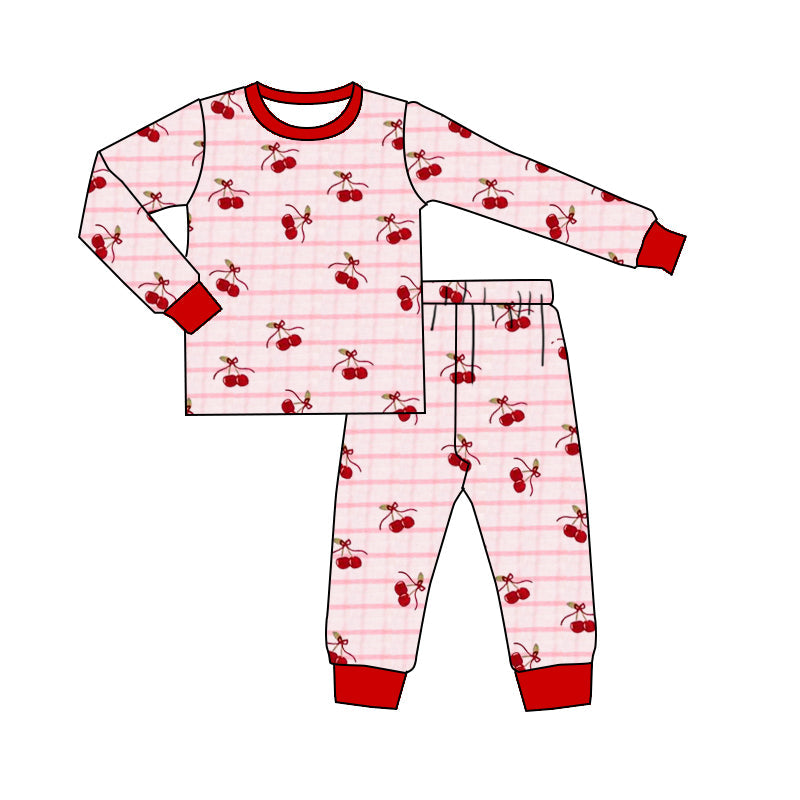 ( Moq 5 ) Preorder Baby Girls Long Sleeves Cherry Bows Shirt Pants Pajamas Pink Set
