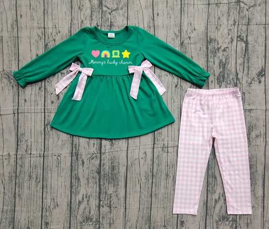 ( No moq ) Preorder Baby Girls Clovers Bows Green Tunic Plaid Leggings St Patrick Clothes Set