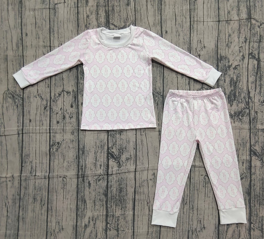 ( No moq ) Preorder Baby Girls Long Sleeves Rabbits Shirt Pants Easter Pajamas Pink Set